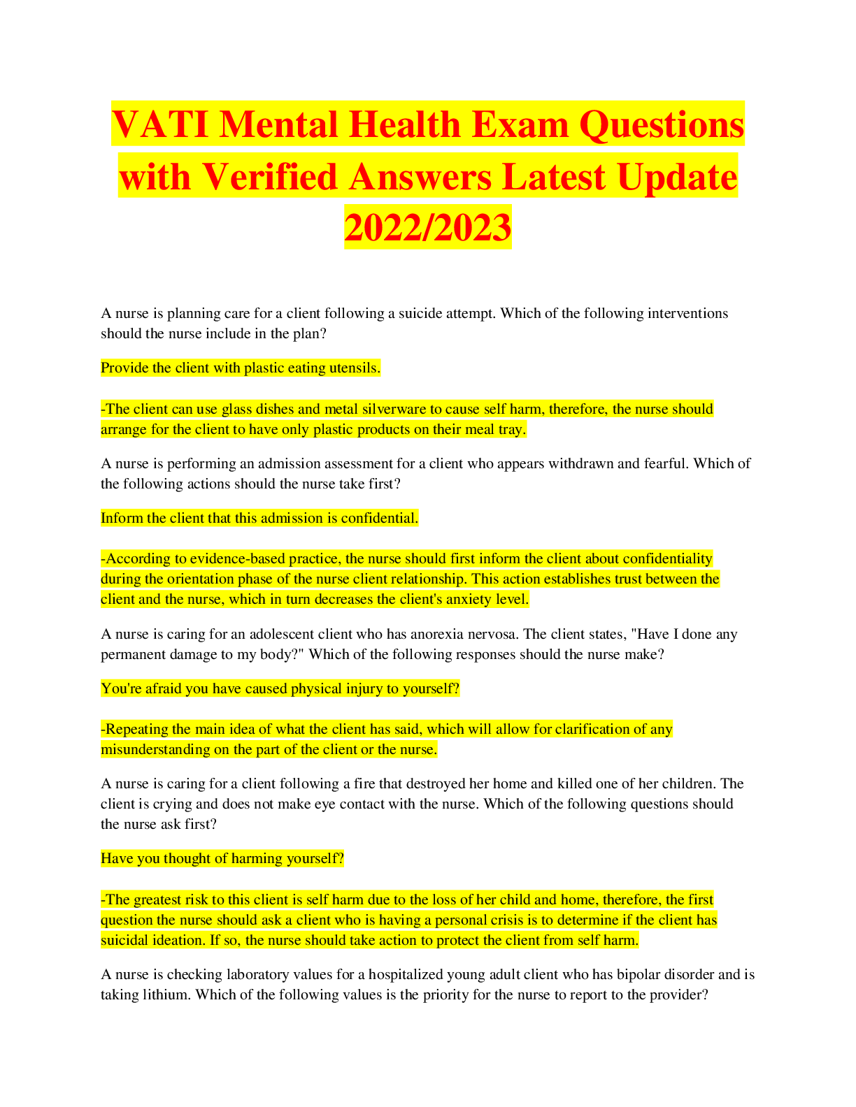 Preview image for VATI Mental Health Exam Questions with Verified Answers Latest Update 2022/2023